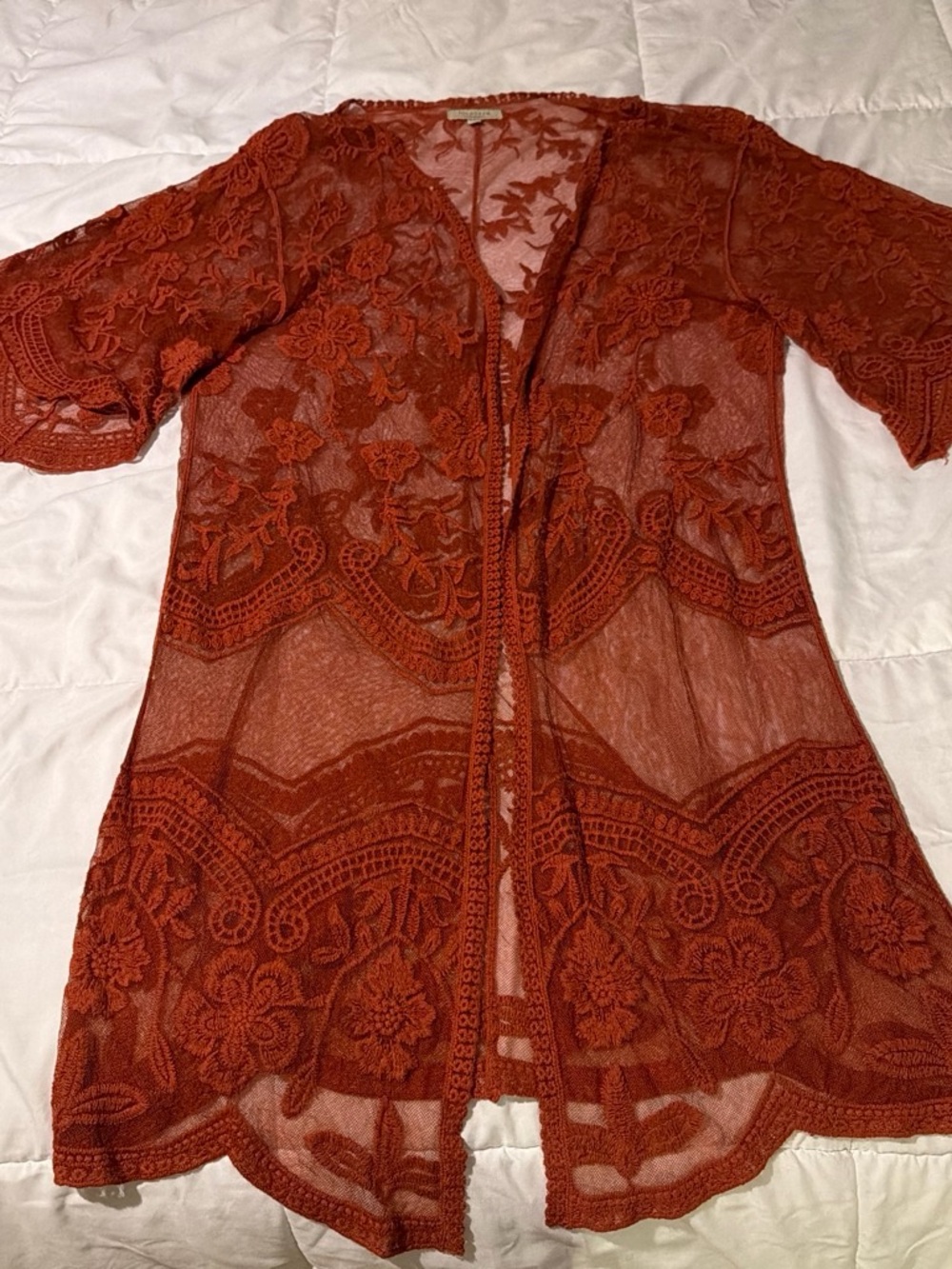 Polagram Rust Orange Embroidered Lace Kimono